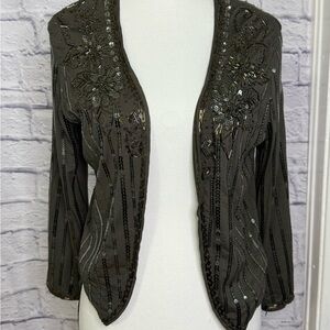 Black Embellished Sequin Beaded Bolero Crop Jacket Large Holiday‎ Party Cocktail